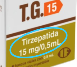 Exemplo de rótulo T.G. destacando Tirzepatida 15 mg/0,5mL